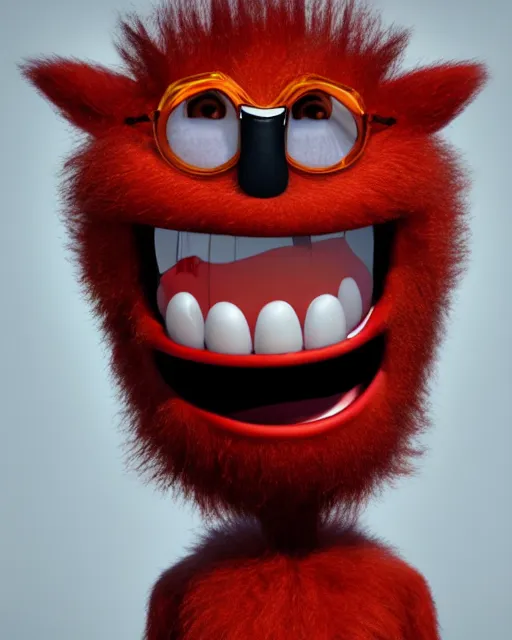 Image similar to 3 d render of completely red hairy friendly smiling antropomorphic creature wearing chrome shades, without nose, full body, standing on 2 feet, in the style of pixar, white background, unreal engine 5, octane render, highly detailed hdr