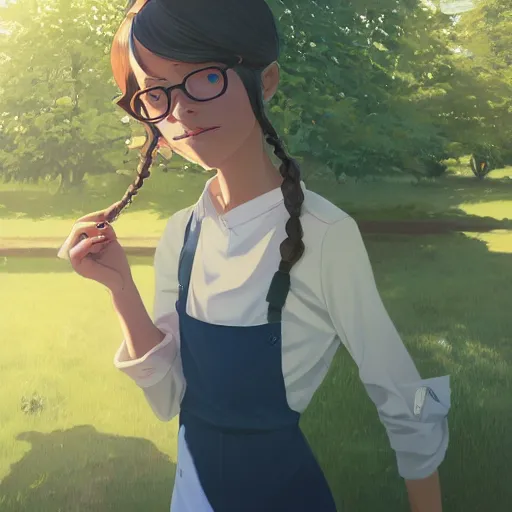 Prompt: a beautiful full body portrait of a young woman with twin braids, wearing glasses and an apron standing in a park, makoto shinkai, james gilleard, lois van baarle, ilya kuvshinov, rossdraws, very detailed, matte, gaussian blur, tone mapped