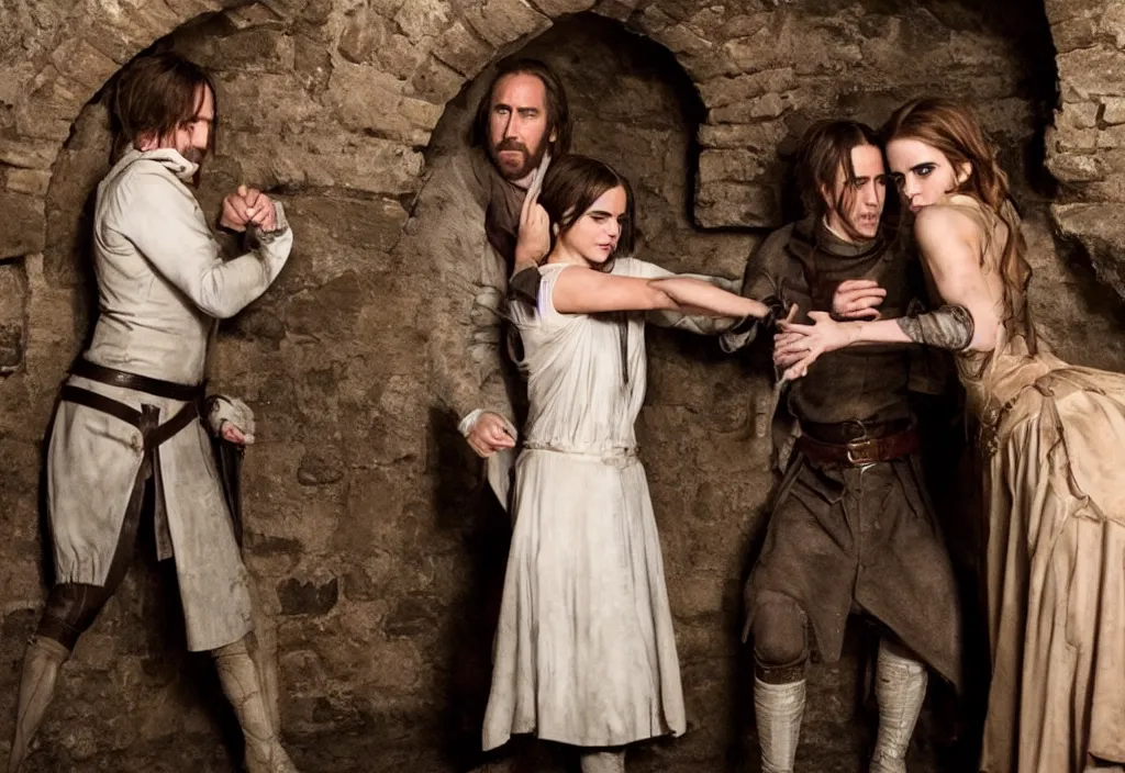 Image similar to photography emma watson fight with nicholas cage in a medieval wine cellar cinematic