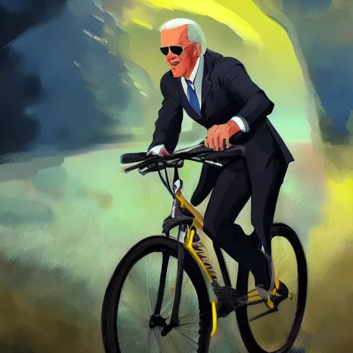 Prompt: joe biden riding a bicycle, joe biden riding a bicycle, ilya kuvshinov, john singer sargent, digital art illustration, impressionist oil painting, trending on artstation, intricate, glowing yellow eyes
