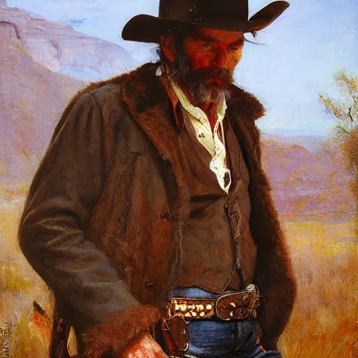 Image similar to Solomon Joseph Solomon and Richard Schmid and Jeremy Lipking victorian genre painting portrait painting of Hank Williams Sr a rugged cowboy gunfighter old west character in fantasy costume, red background