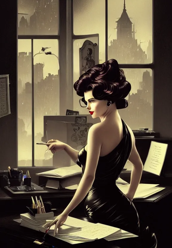Image similar to A femme fatale sitting at the desk of a small 50’s style private detective’s office, fantasy magic, dark pin-up style hair, dark light night, intricate, elegant, sharp focus, illustration, highly detailed, digital painting, concept art, matte, art by WLOP and Artgerm and Greg Rutkowski and Alphonse Mucha, masterpiece