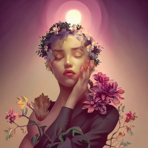 Image similar to surreal beautiful young woman, sitting with flowers, detailed gorgeous face turning into a tree, leaves, dark, ominous, sad eyes, vaporwave aesthetic, synthwave , digital painting, artstation, concept art, smooth, sharp focus, illustration, art by artgerm and greg rutkowski and alphonse mucha