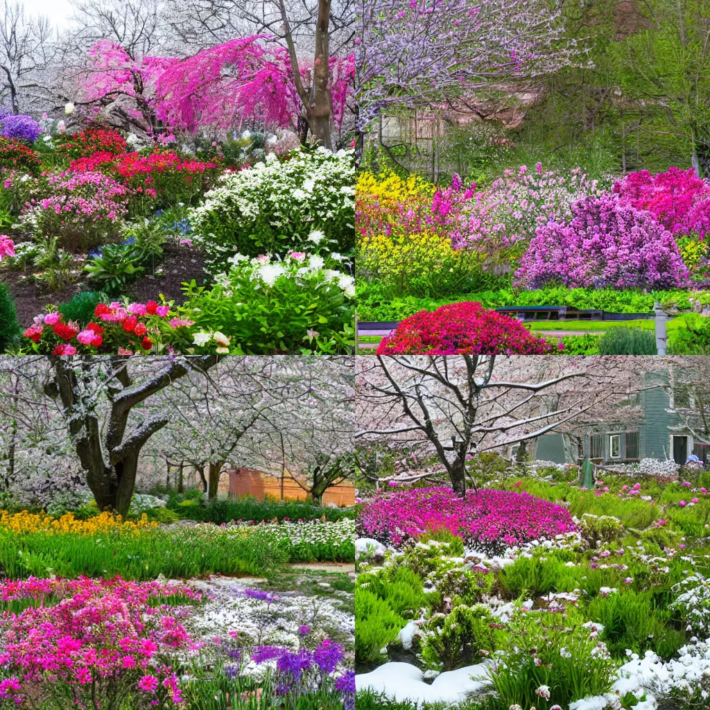 Prompt: vibrant spring garden full of blooming flowers, with a contradictory snow covered tree in the middle