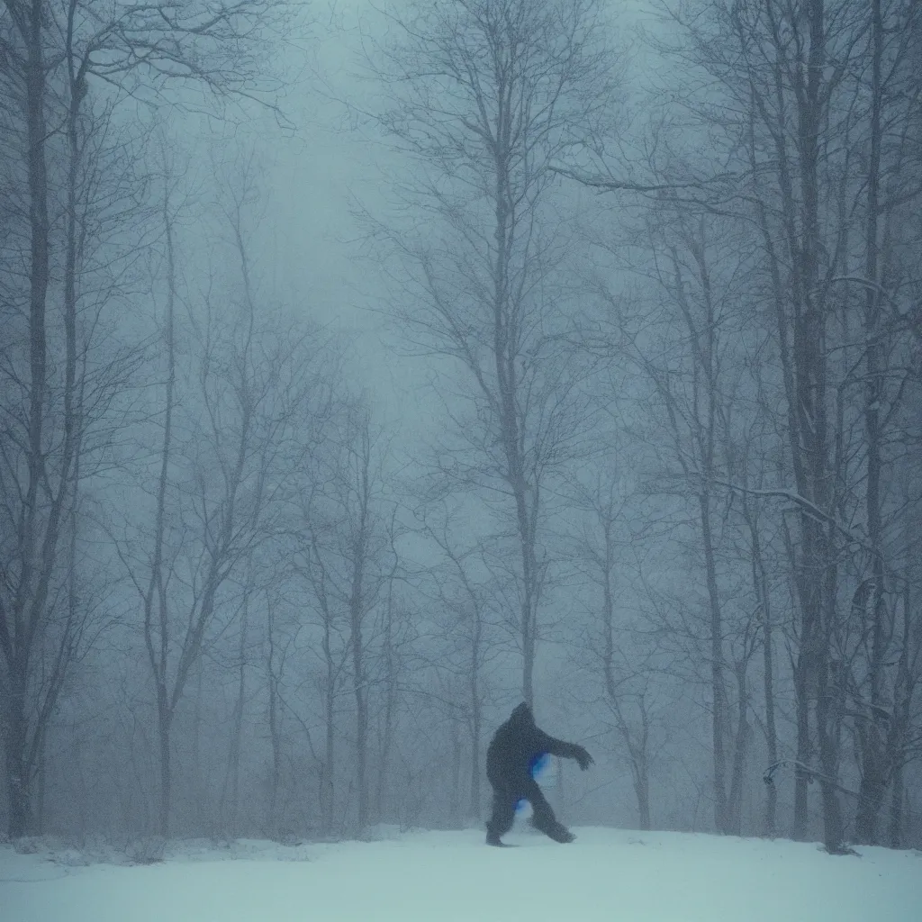 Image similar to photo, bigfoot is hiding in the background. cold color temperature, snow storm. hazy atmosphere. humidity haze. kodak ektachrome, greenish expired film, award winning, low contrast