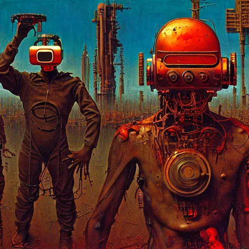 Prompt: junky men stand in fluid mass, cybertronic gadgets and vr helmet, flesh + technology, durty colours, mid shot, rotten textures, rusty shapes, biotechnology, norman rockwell, tim hildebrandt, wayne barlow, bruce pennington, larry elmore, oil on canvas, deep depth field, masterpiece, cinematic composition, hyper - detailed, hd, hdr