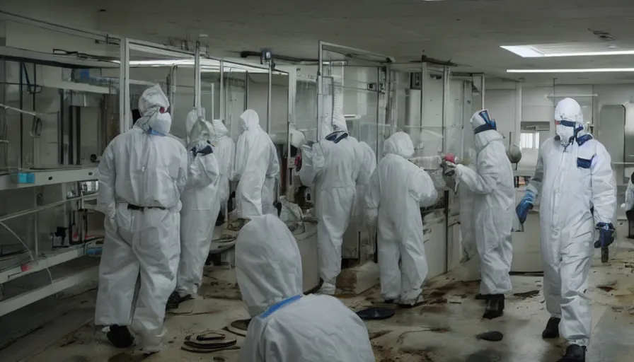Prompt: Big budget color horror movie set inside a bioweapons lab, where a deadly virus is being created