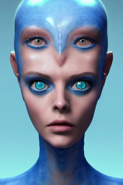 Image similar to beautiful studio portrait of an elegant blue alien woman with insect eyes, wearing an outfit made from plutonium, character art, silicone skin, symmetrical face, by luc besson and denis villeneuve, the 5 th element, hyperrealism, cinematrographic, sharp details, 3 5 mm, f / 2 4, masterpiece, artstation