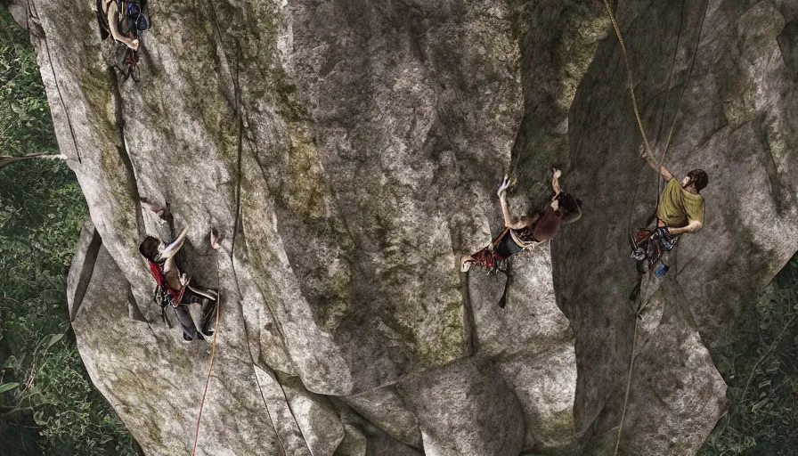 Image similar to rock climbers climbing a rock, in the forest, plants environment, wide angle, cinematic lighting, atmospheric, realistic, octane render, highly detailed, color graded, in the style of craig mullins