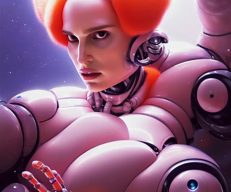 Prompt: beautiful fantasy character portrait, natalie portman, wearing orange puffy bomber jacket with white fur, seductive reclining pose, futuristic robots, ultra realistic, dramatic lighting, robots, the fifth element artifacts, highly detailed by peter mohrbacher, hajime sorayama, wayne barlowe, boris vallejo, aaron horkey, gaston bussiere, craig mullins