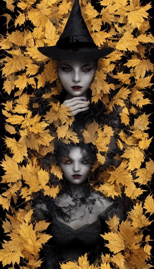 Image similar to black elegant, golden leaves at frame border, creative!!! composition for a book cover!!!, absurdly beautiful, ultrafine hyperrealistic detailed old witch face by wlop and artgerm and greg rutkowski, intricate linework, sharp focus, smooth, octopath traveler, final fantasy, unreal engine, dramatic lighting, ethereal, 8 k