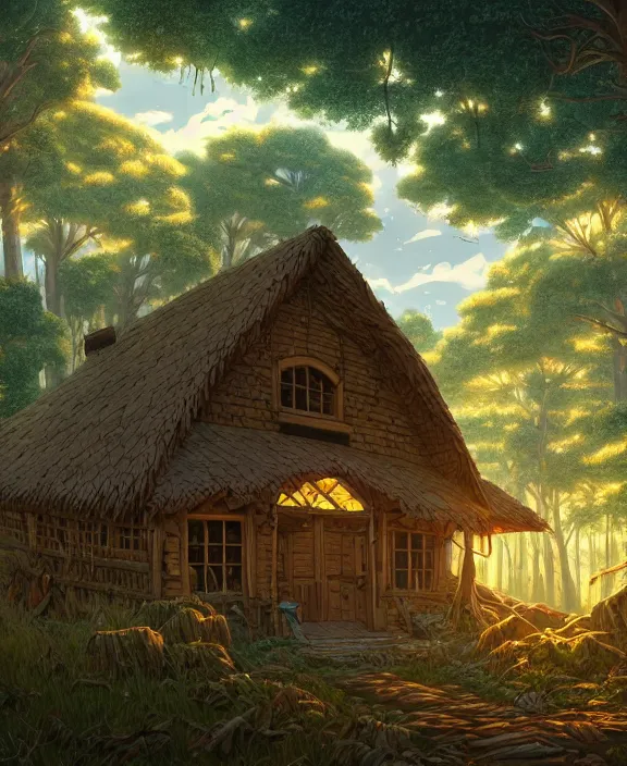 Prompt: a mammoth schoolhouse made from leaves, overgrown with huge exotic fungus, deep in the woods, noon, sun drenched, partly cloudy, by dan mumford, yusuke murata, makoto shinkai, ross tran, cinematic, unreal engine, cel shaded, featured on artstation, pixiv