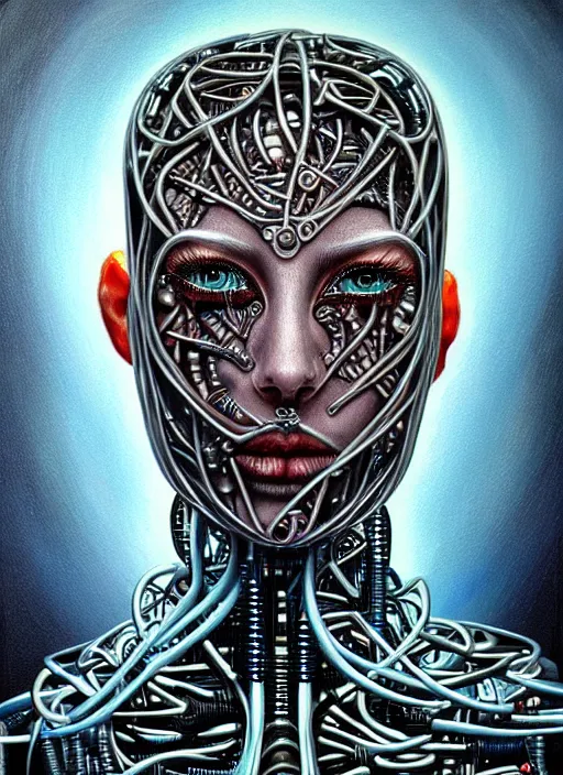 Prompt: biopunk cyborg portrait by julie bell, intricate biopunk patterns, detailed!, very sharp!!!