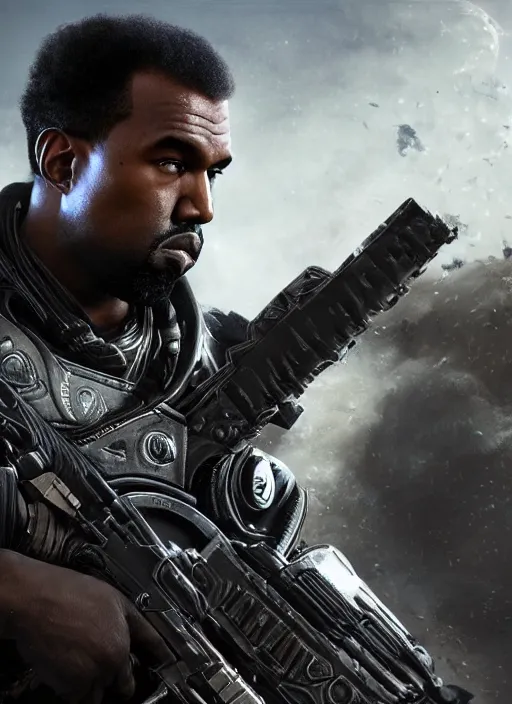 Prompt: kanye west as muammar kadhafi in gears of war, splash art, movie still, detailed face, cinematic lighting, dramatic, octane render, long lens, shallow depth of field, bokeh, anamorphic lens flare, 8 k, hyper detailed, 3 5 mm film grain