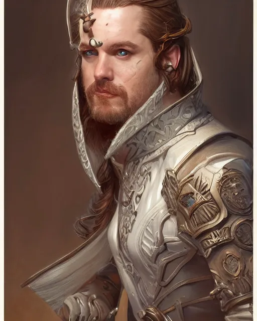 Image similar to white male rogue bard portrait, highly detailed, very intricate, symmetrical, cinematic lighting, closeup painted portrait, by donato giancola and mandy jurgens and magali villenueve, featured on artstation