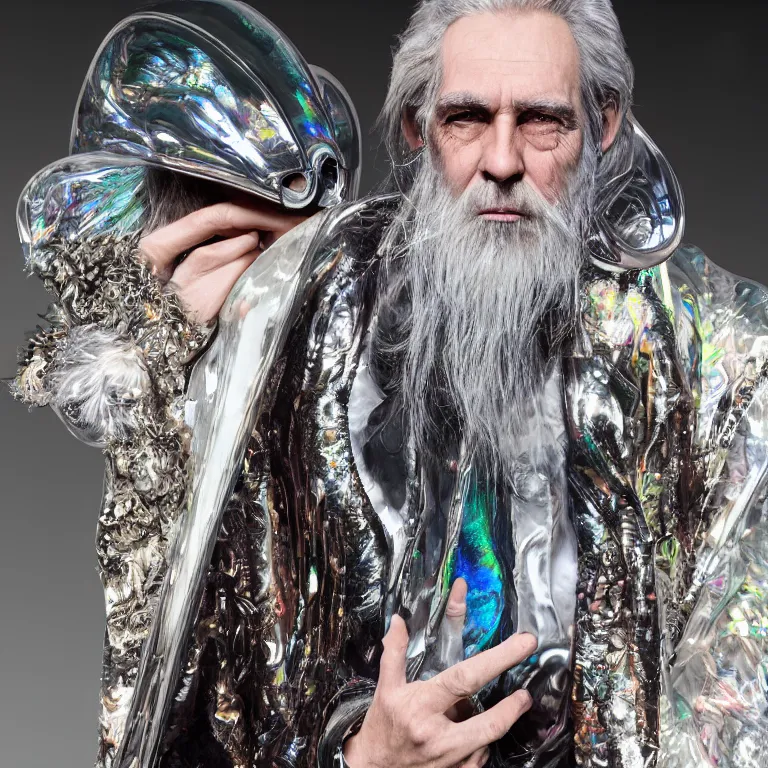 Prompt: high fashion photoshoot octane render portrait by wayne barlow and carlo crivelli and glenn fabry, a distinguished sci - fi futuristic psychedelic wizard with a long white beard wearing a clear plastic iridescent jacket and holding a magical adorable critter while standing inside a futuristic beautiful boutique fantasy hotel lobby, very short depth of field, bokeh