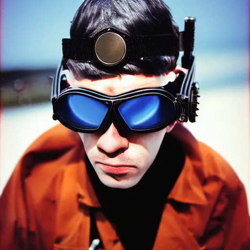 Image similar to kodak portra 4 0 0 photograph of a cybergoth guy wearing goggles and eclectic jewelry, telephoto, 9 0 s vibe, blurred background