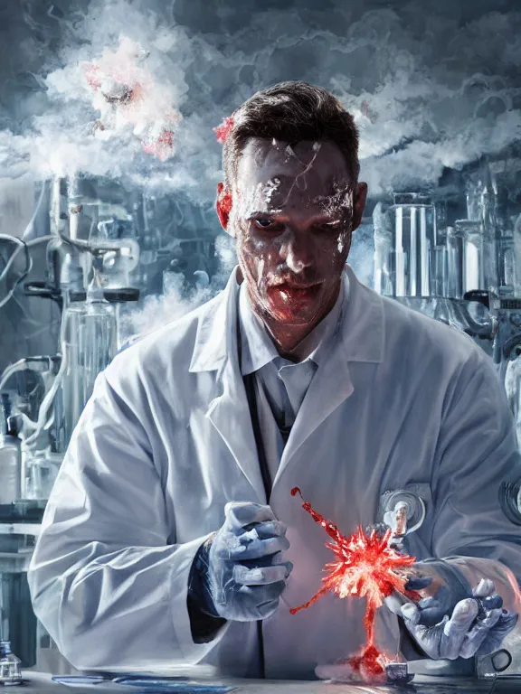 Prompt: scientist in a white coat, chemicals explosion on a white table in front of the scientist, digital art, digital painting, masterpiece, anatomically correct, five fingers, cinematic, high coherence, realistic, high quality, highly detailed, 8 k, dramatic lighting, path traced, centered, high definition