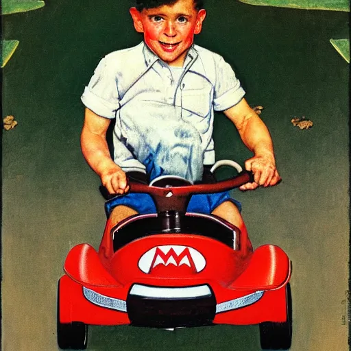 Image similar to a Norman Rockwell painting of a boy driving his go-kart with mario