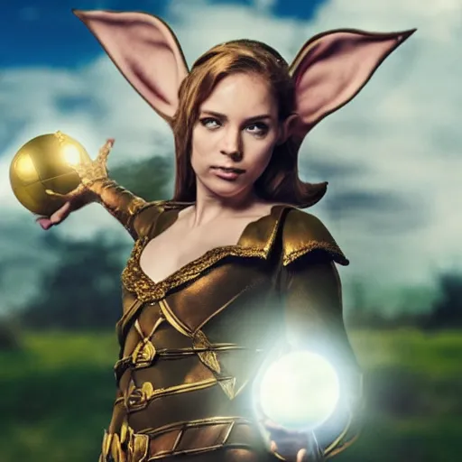 Image similar to an elf woman flies above a battlefield, clutching a ball radiating golden energy. Soft smile, closed eyes