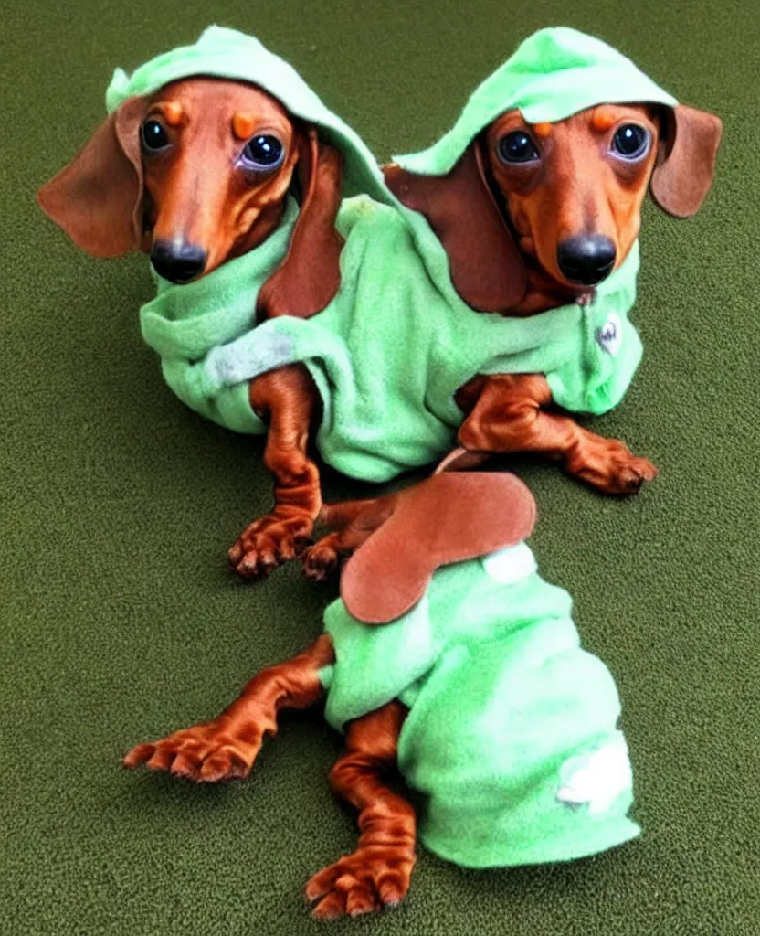 Image similar to a dachshund dressed as Baby Yoda,