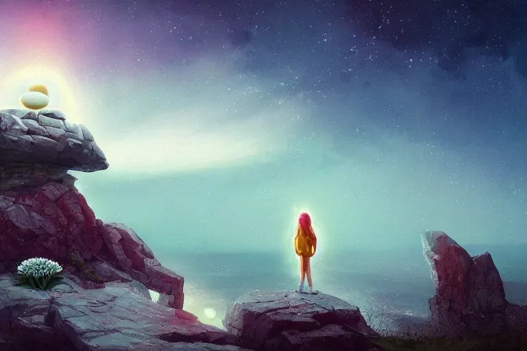 Image similar to giant white daisy flower over head, girl standing on rocky cliff, surreal photography, super nova, milky way, dramatic light, impressionist painting, colorful clouds, digital painting, artstation, simon stalenhag