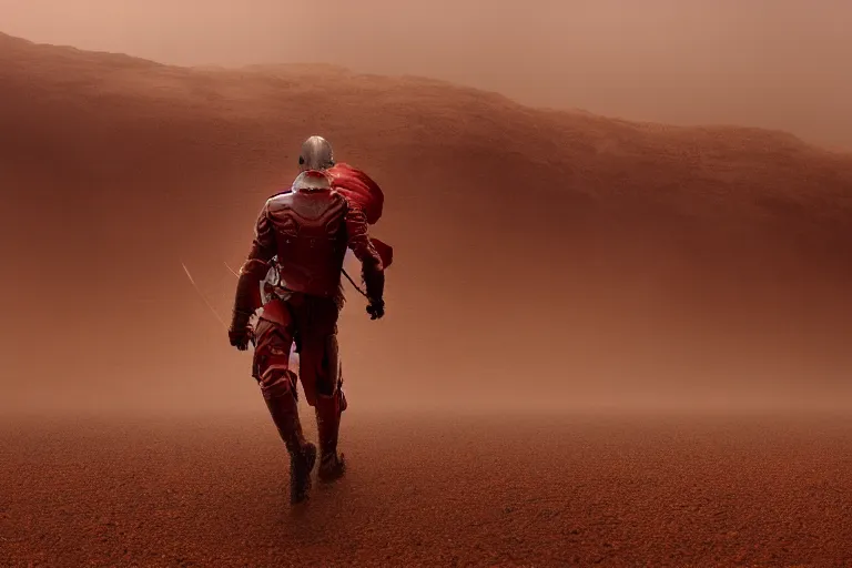 Image similar to a cinematic landscape photograph of a man dressed in red armour trekking through a desert, dust storm, thunder and lightning, lee madgwick and zack snyder, 8 k, hd, high resolution, 3 5 mm, f / 3 2, tenet