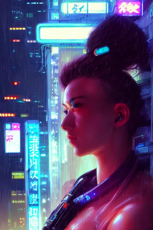 Image similar to portrait futuristic beautiful cyberpunk female police, in heavy rainning futuristic tokyo rooftop cyberpunk night, ssci-fi, fantasy, intricate, very very beautiful, elegant, neon light, highly detailed, digital painting, artstation, concept art, soft light, hdri, smooth, sharp focus, illustration, art by tian zi and craig mullins and WLOP and alphonse mucha