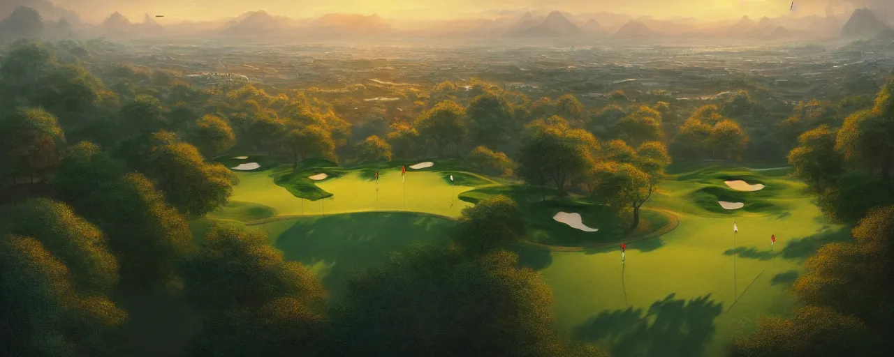 Prompt: Concept art, beautiful painting of a small golf course in the midst of huge mega city nearby the sea, 8k, Jeremy Cheung, greg rutkowski, artstation, aerial view, wide angle, 18mm, cinematic shot, golden hour, ArtStation