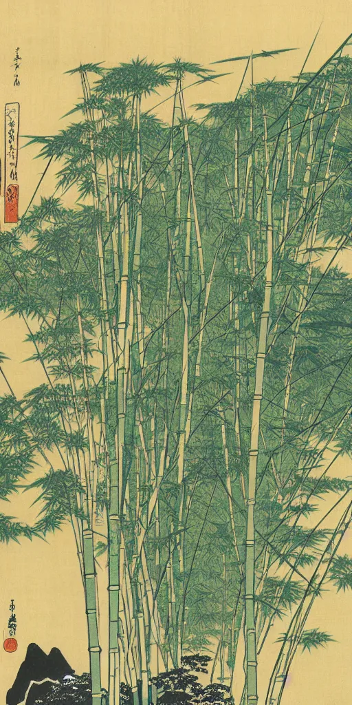 Image similar to a minimalist picture of a beautiful and magical bamboo forest landscape, by hokusai