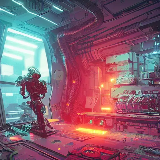 Prompt: building a cyborg in a cyberpunk derelict room in the style of kilian eng and josan gonzalez, cg society, sharp focus, trending on artstation, perfect composition, hyperdetailed, eccentric, vibrant