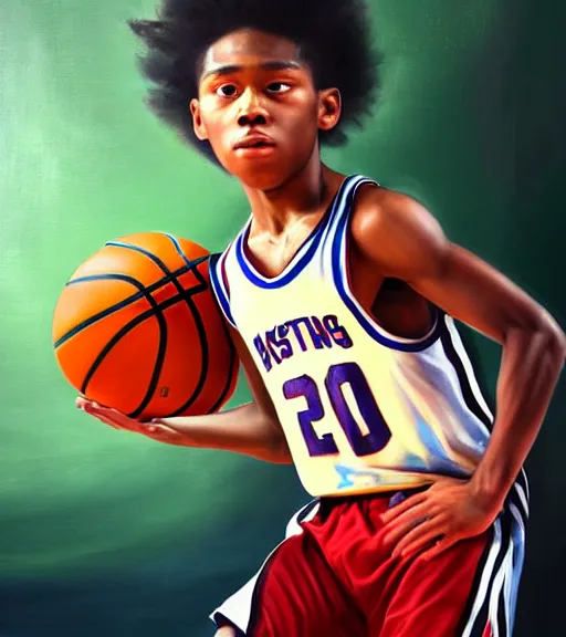 Image similar to portrait of a boy at a basketball court playing basketball wearing a basketball uniform in a basketball court standing near the basketball hoop, painted in 1776, intense emotion, detailed facial expression, detailed surroundings, intricate, elegant, highly detailed, centered, digital painting, artstation, concept art, smooth, sharp focus, illustration, WLOP