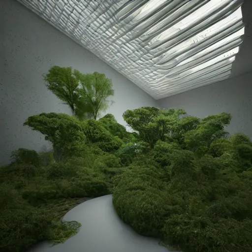 Image similar to Hyper realistic,interior design,organic form,plaster, green,transparency, view of forest,Future design,architecture design,parametric architecture,covers by textile,environment,morning light,Cinematography,mega scans,cinematic,hyper realistic,photo real,cinematic composition,highly detailed,vray,8k render, extremely realistic H 1024