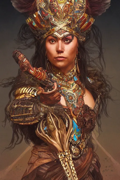 Prompt: a portrait of a anthropomorphic an acient aztec warrior goddess, D&D, fantasy, intricate, highly detailed, digital painting, artstation, concept art, smooth, sharp focus, illustration, art by artgerm and greg rutkowski and alphonse mucha