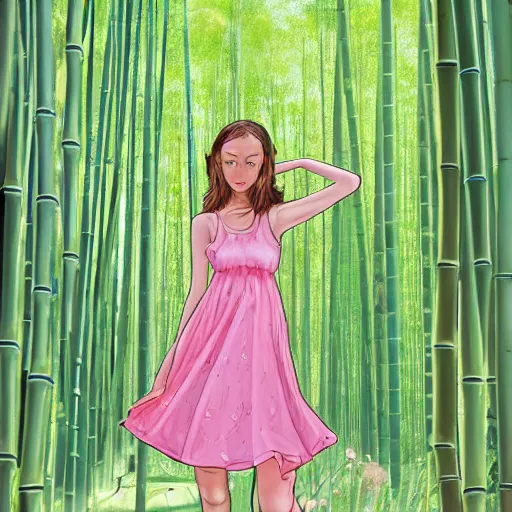 Image similar to A young beautiful giantess with a pretty face,she has green eyes, a cute nose and pink lips,she is wearing a sundress and sandals, walking in a bamboo forest ,detailed body and eyes,proper anatomy, beautiful lighting,,digital art , highly detailed , high contrast, beautiful lighting, award winning , trending on art station, 8k, photo realistic,unreal engine 5