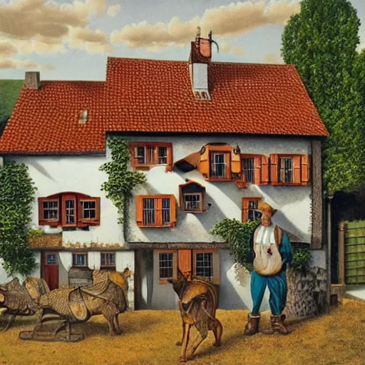 Prompt: Hyperrealism traditional austrian heuriger, painting by MC Escher