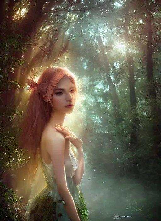 Prompt: beatiful ethereal elf princess in an enchanted forest, 3/4 side view, hair jewellery, fully clothed, light mist, light rays sieving through the trees, shallow depth of field, focus on the face, coherent composition, by Yuumei, by Artgerm, by WLOP