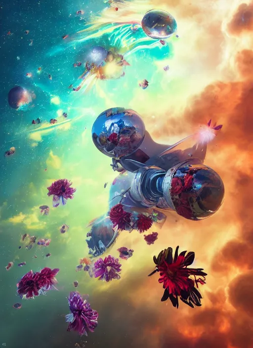 Image similar to An epic fantastic realism comic book style painting of the most beautiful flowers launched into space, bouquets, glorious galactic collision, sharp focus, fisheye, unreal 5, DAZ, hyperrealistic, octane render, dynamic lighting