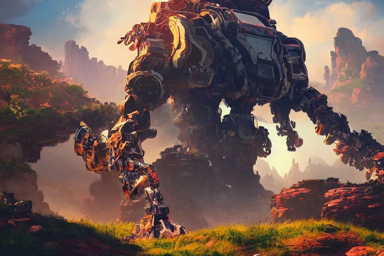 Image similar to rockbreaker machine mecanical creature robot of horizon forbidden west horizon zero dawn radiating a glowing aura global illumination ray tracing hdr fanart arstation by ian pesty and alena aenami artworks in 4 k