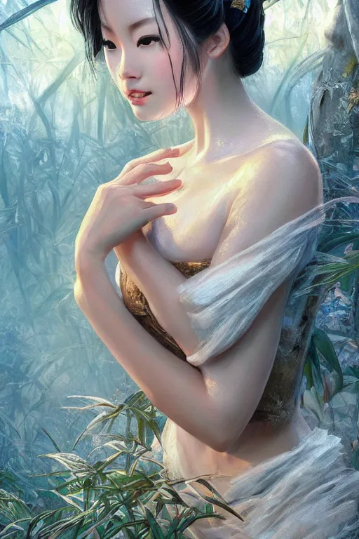 Prompt: stunningly beautiful, frost geisha prima ballerina in jungle, symmetrical face, golden hour, smooth, focus, highly detailed, hyper realistic, dramatic lighting, elegant, intricate, concept art, art by wlop, mars ravelo, greg rutowski, artstation