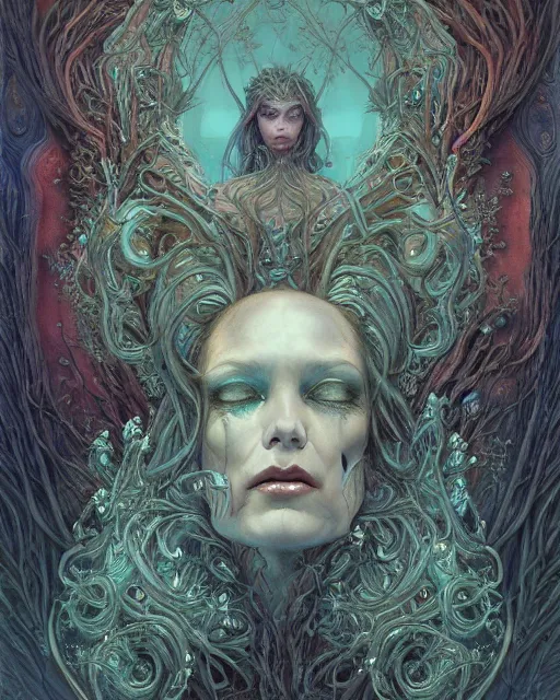 Prompt: a beautiful detailed front view portrait of a dead rotten princess with ornate growing around, ornamentation, elegant, beautifully soft lit, by wayne barlowe, peter mohrbacher, kelly mckernan