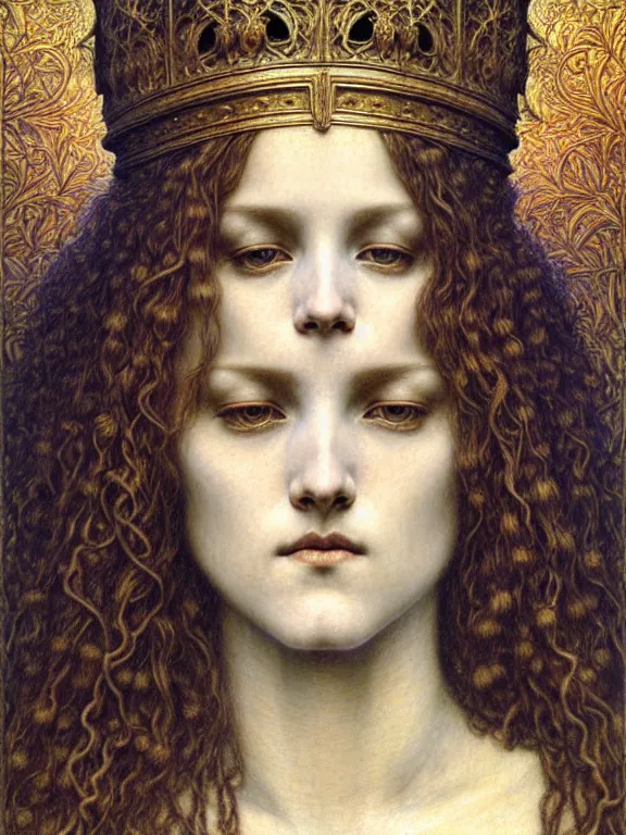 Image similar to detailed realistic beautiful young medieval queen face portrait by jean delville, gustave dore and marco mazzoni, art nouveau, symbolist, visionary, gothic, pre - raphaelite. horizontal symmetry