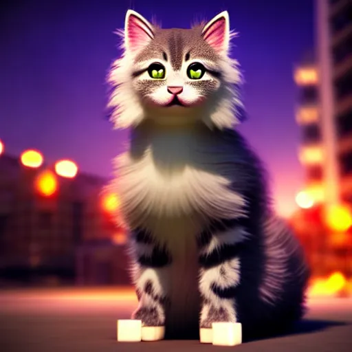 Image similar to high quality 3 d render very cute fluffy cat on luminescent city lights background, highly detailed, unreal engine cinematic smooth, moody light, low angle, uhd 8 k, sharp focus