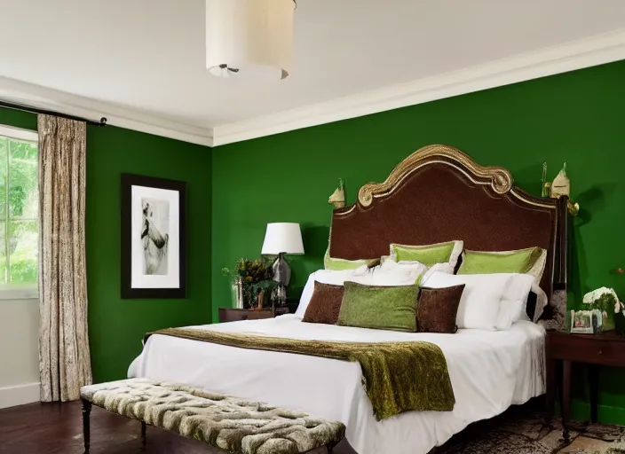 Prompt: bedroom with horse statues green and brown trim