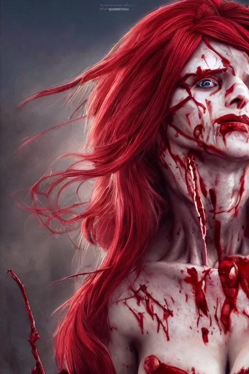 Image similar to woman skeleton covered with blood, jessica nigri face!!!, long red hair, ultra realistic, concept art, intricate details, highly detailed, photorealistic, octane render, 8 k, unreal engine. retro film still, heavy grain, 3 5 mm, art by artgerm and greg rutkowski and alphonse mucha