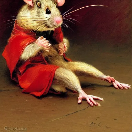 Image similar to a portrait of a hamato yoshi rat wearing a red kimono, hairy, feet, tail. highly detailed painting by gaston bussiere, craig mullins, j. c. leyendecker, furry