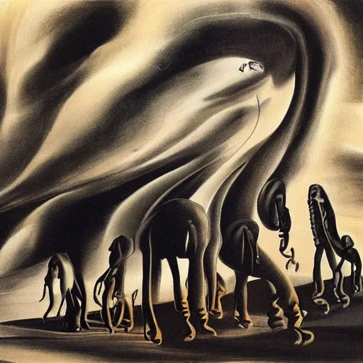 Prompt: An abstract painting of a tornado made of elephants and pianos by Salvador Dali, black and white color palette, dusk