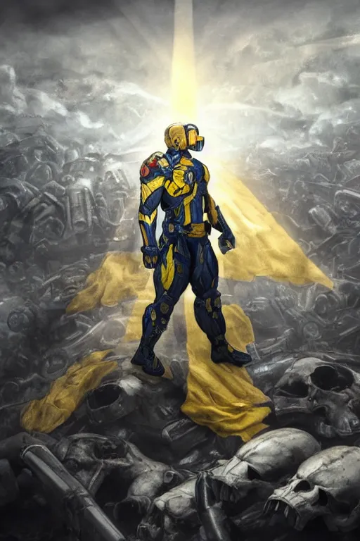 Image similar to a full body shot from distance of a super soldier with a Ukrainian blue and yellow stripes flag standing in the beam of light from the clouds on a pile of skulls and rotten cars as a winner, masculine figure, D&D, fantasy, intricate, elegant, highly detailed, digital painting, artstation, concept art, matte, sharp focus, symmetrical, illustration, hyperrealistic, art by Artgerm and Greg Rutkowski and Alphonse Mucha