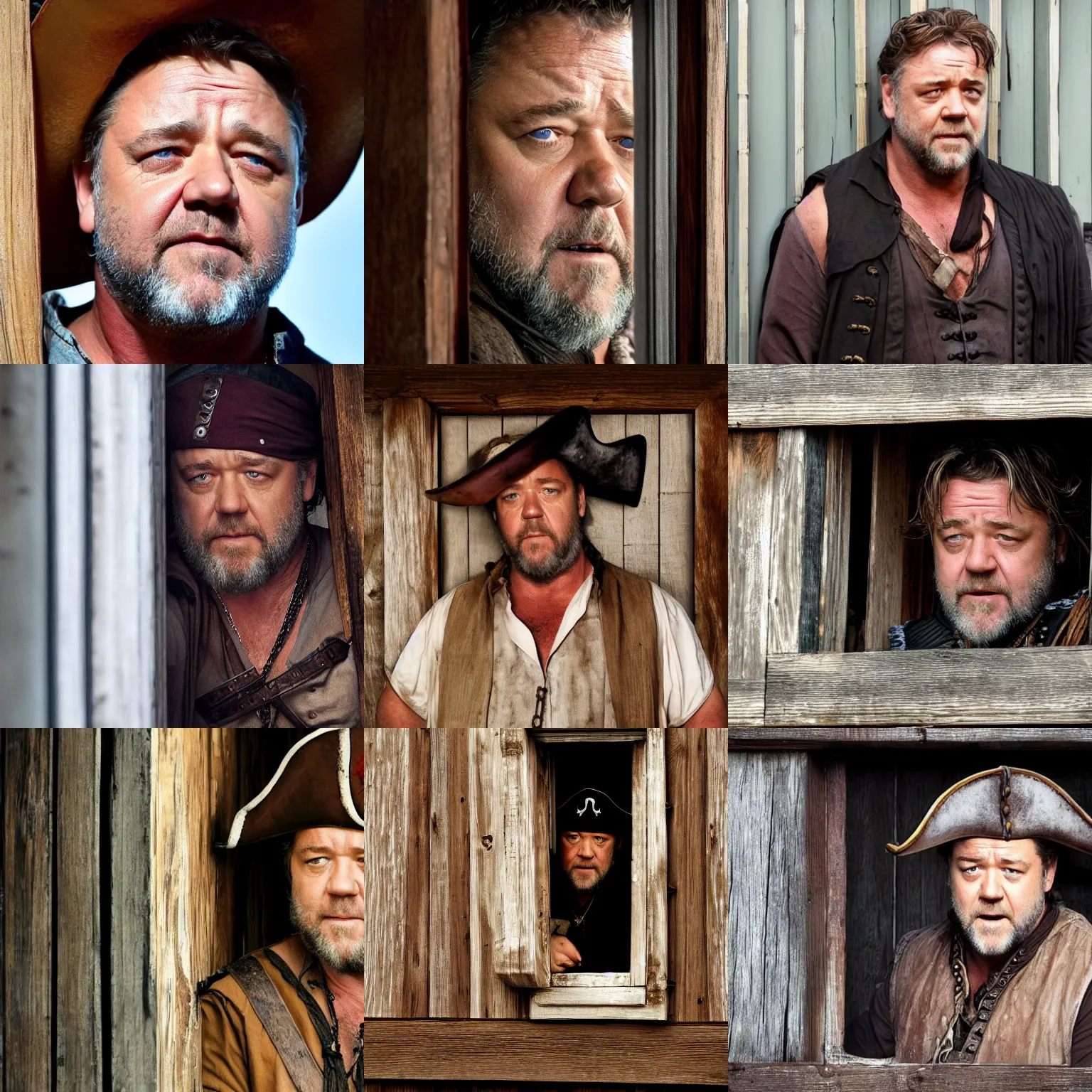 Prompt: russell crowe with large pirate hat peering out concerned down to camera from a small window in a wooden wall