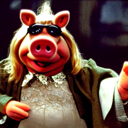 Prompt: Miss Piggy as Morpheus in The Matrix (1999) offering red or blue pill